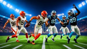 Illustration of the Cleveland Browns and Carolina Panthers facing off during their preseason matchup.