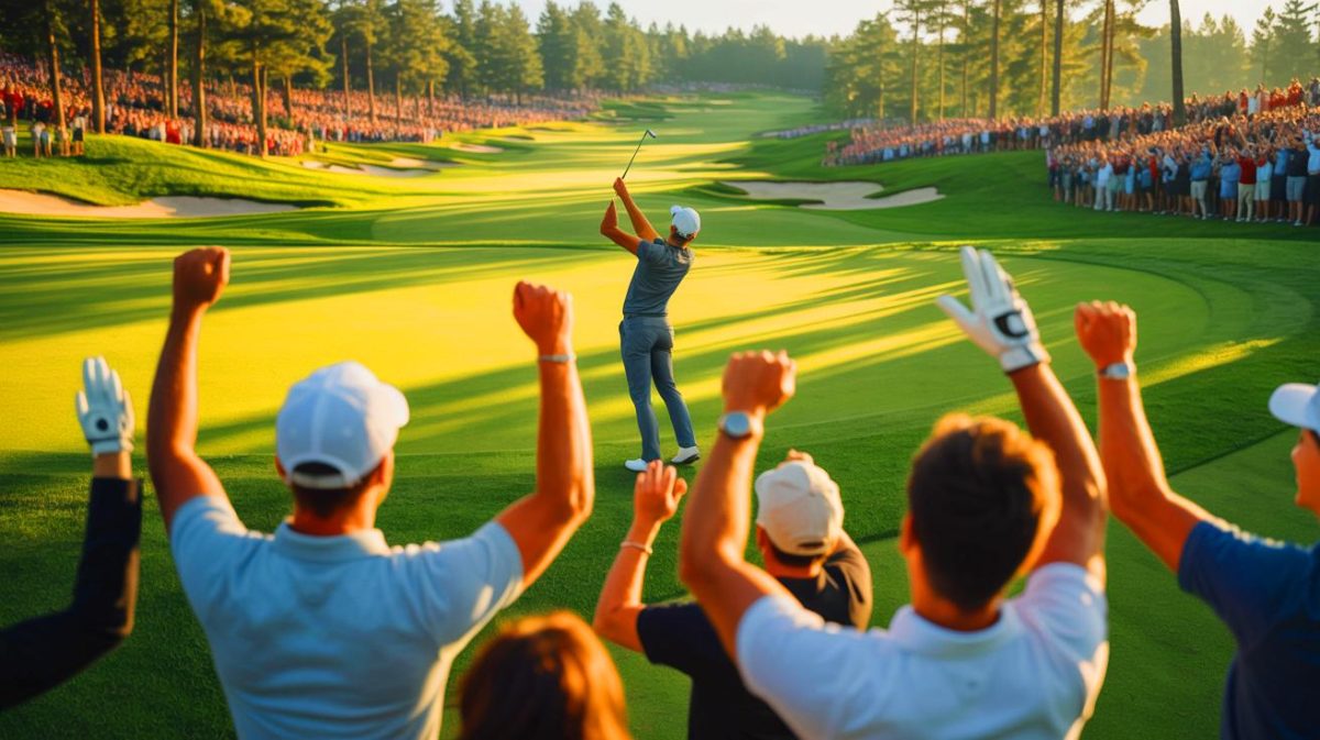 Illustration of Justin Rose celebrating his victory at the St Jude Championship during the FedExCup Playoffs.