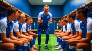 Illustration of Russell Martin addressing Rangers FC players during a team meeting.