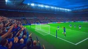 Illustration of Cyriel Dessers celebrating after scoring a penalty for Rangers FC.