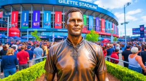 Illustration of the 12-foot bronze statue of Tom Brady outside Gillette Stadium.