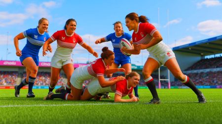 Illustration of England women's rugby league team celebrating their sixth consecutive victory over Wales.