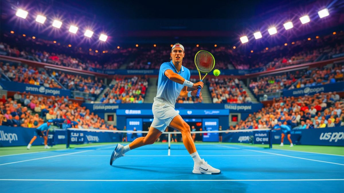 Illustration of Jack Draper competing in a US Open match with a focus on his resilience and tactical adjustments.