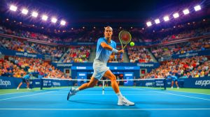 Illustration of Jack Draper competing in a US Open match with a focus on his resilience and tactical adjustments.