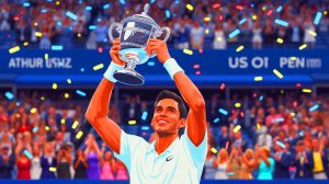Illustration of Carlos Alcaraz celebrating his victory at the US Open final.