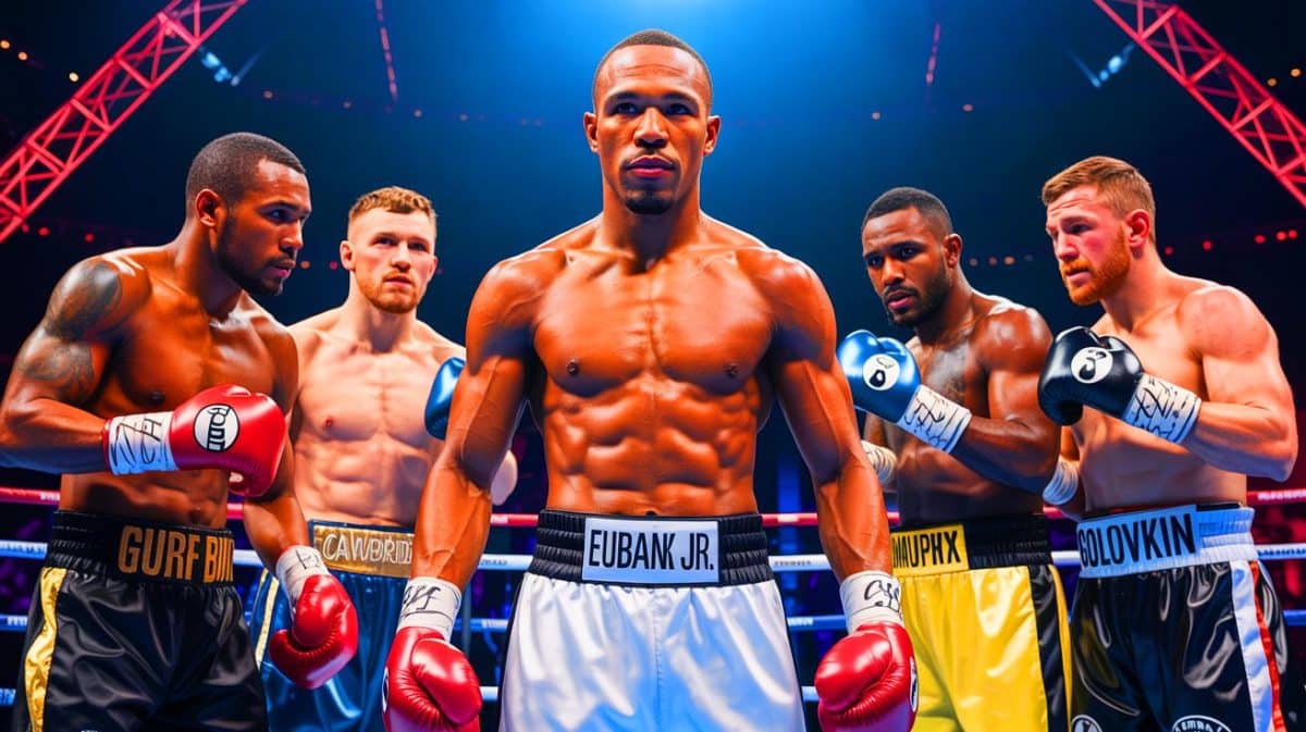 Illustration of Chris Eubank Jr. preparing for potential fights with Terence Crawford, Canelo Alvarez, and Gennadiy Golovkin.