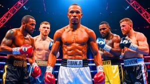 Illustration of Chris Eubank Jr. preparing for potential fights with Terence Crawford, Canelo Alvarez, and Gennadiy Golovkin.