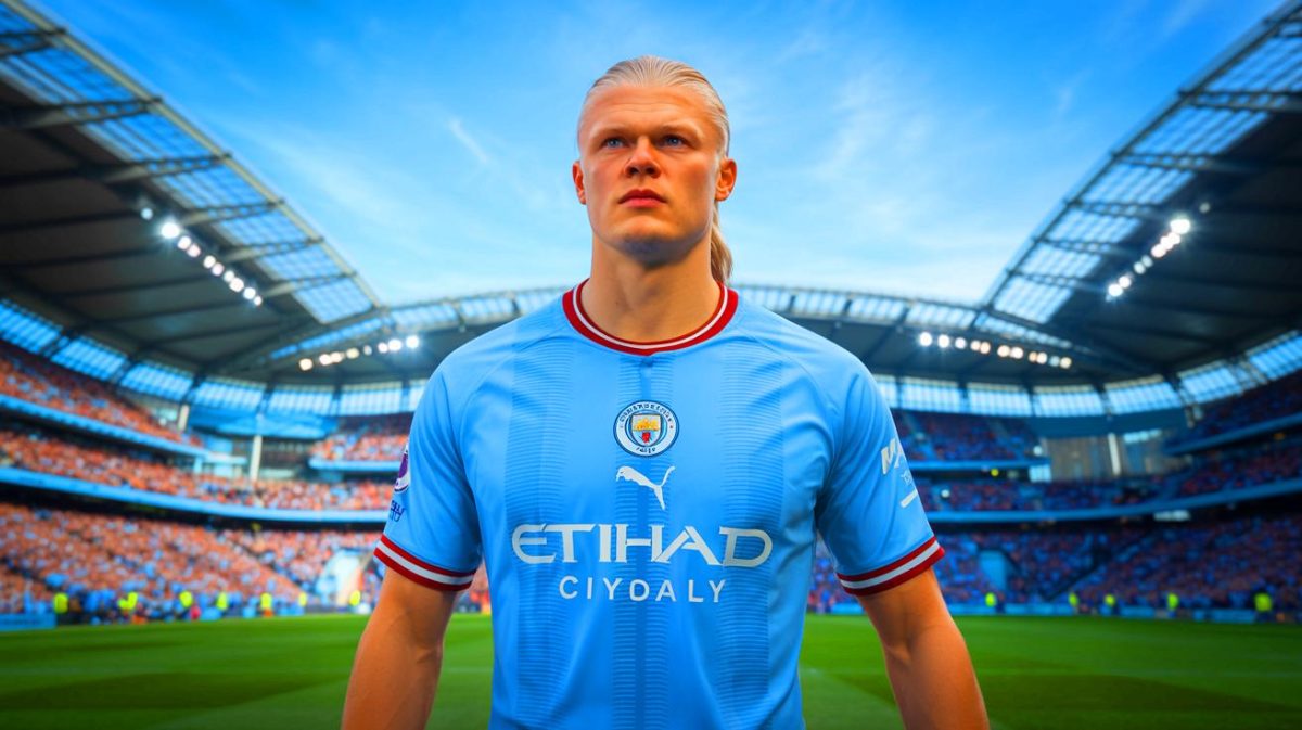 Illustration of Erling Haaland in action during a Manchester City match.
