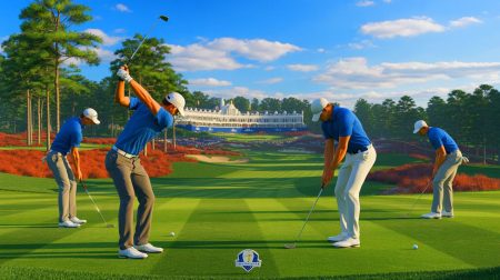 Illustration of Team Europe preparing for the Ryder Cup at Bethpage Black.