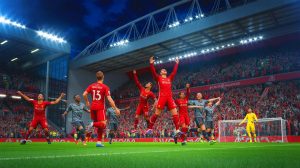 Illustration of Liverpool players celebrating a last-minute victory over Atletico Madrid in the Champions League match.