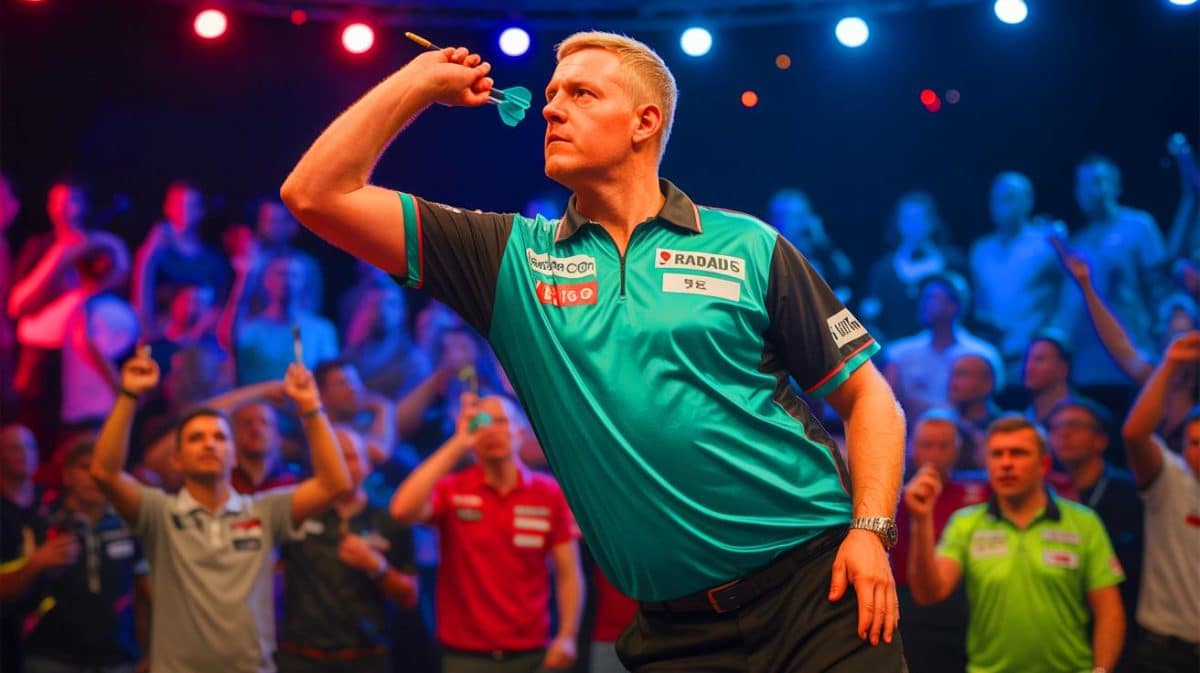 Luke Humphries Shatters Darts World As James Wade’s Shocking Exit Reveals Unbelievable Tournament Twist For Fans Illustration of Raymond van Barneveld in action at the Swiss Darts Trophy.