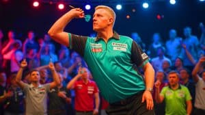 Illustration of Raymond van Barneveld in action at the Swiss Darts Trophy.