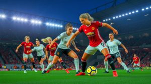 Illustration of Manchester United Women's team facing SK Brann in a Champions League qualifier match.