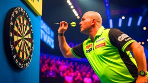Illustration of Michael van Gerwen securing a victory against Wessel Nijman at the World Series of Darts Finals.