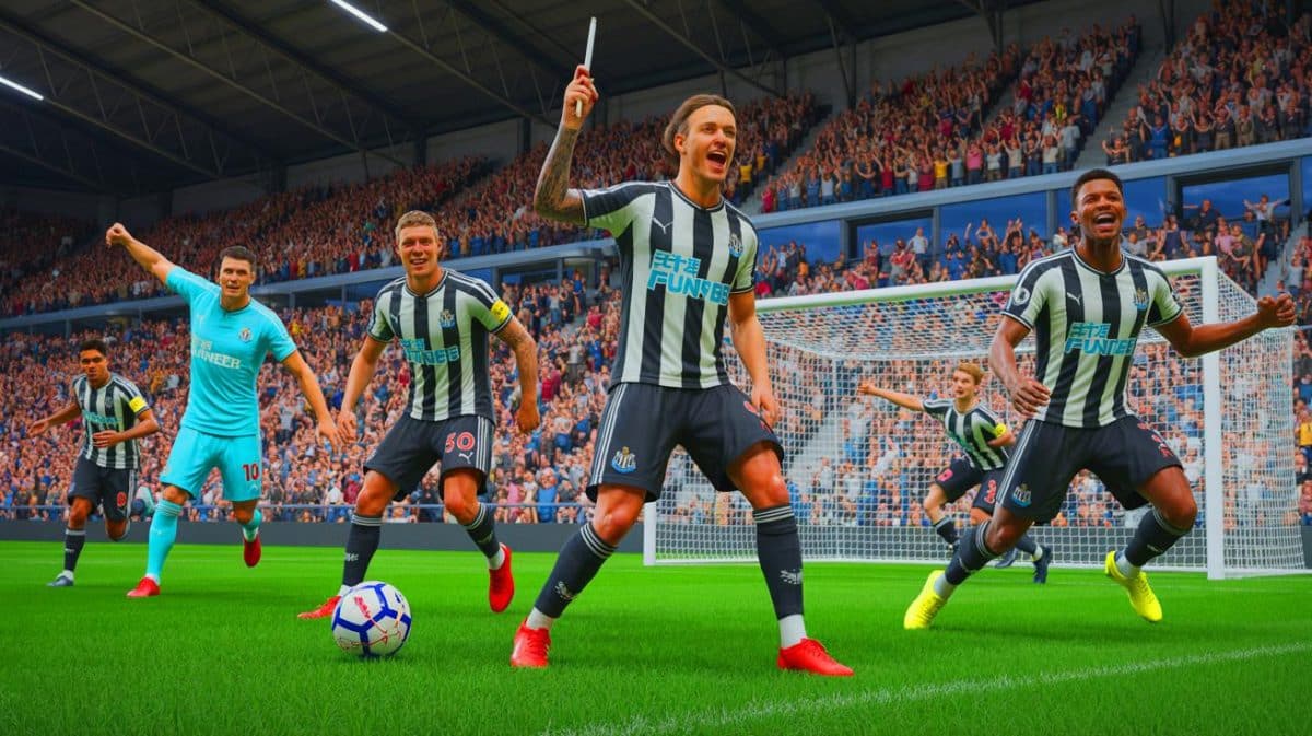 Illustration of Newcastle United players celebrating a goal during their Carabao Cup victory over Bradford City.