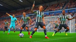Illustration of Newcastle United players celebrating a goal during their Carabao Cup victory over Bradford City.