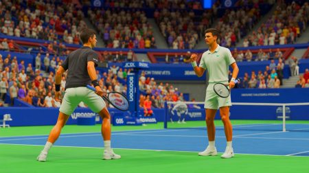 Illustration of Novak Djokovic acknowledging the US Open crowd after losing to Carlos Alcaraz.