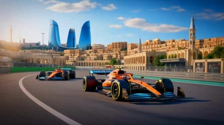 Illustration of Lando Norris and Oscar Piastri during the Azerbaijan Grand Prix race weekend.