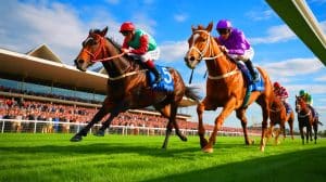 Illustration of a thrilling horse race featuring Ballydoyle's Benvenuto Cellini and Hawk Mountain at Doncaster.