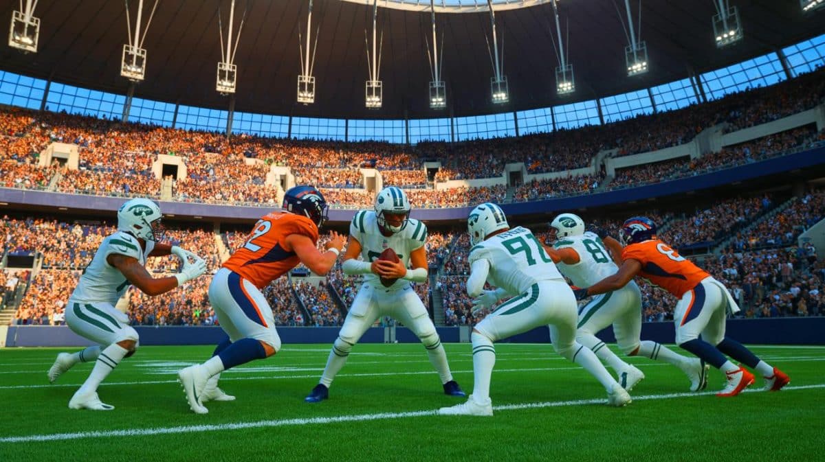 “Fields’ Future in Jeopardy”: Jets’ Struggles Highlight Glenn’s Uncertain Role as Starter Illustration of New York Jets quarterback Justin Fields struggling against the Denver Broncos defense in London.