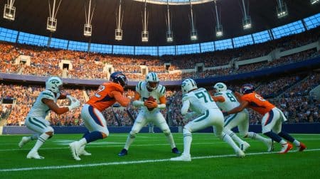 Illustration of New York Jets quarterback Justin Fields struggling against the Denver Broncos defense in London.