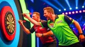 Illustration of Luke Littler celebrating his victory in the World Grand Prix semi-final against Jonny Clayton.