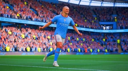 Illustration of Erling Haaland celebrating a goal for Manchester City.