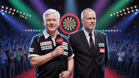 Illustration of John McDonald and George Noble announcing their retirement after the next World Darts Championship.