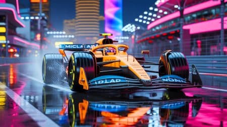 Illustration of Lando Norris securing pole position in wet conditions at the Las Vegas Grand Prix qualifying.