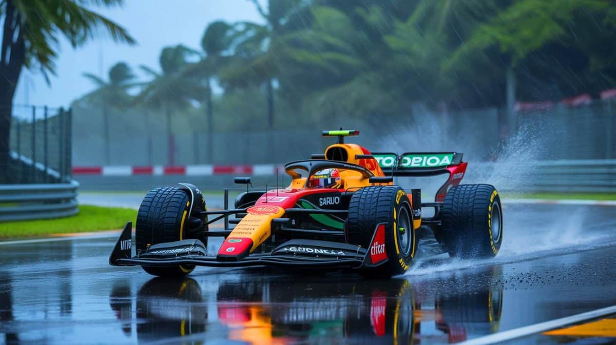 Wet Weather Challenges Sprint Saturday at Sao Paulo GP, Uncertain Rain and Wind Conditions Test Drivers’ Skills Illustration of Formula 1 cars racing under challenging weather conditions at the Sao Paulo Grand Prix.