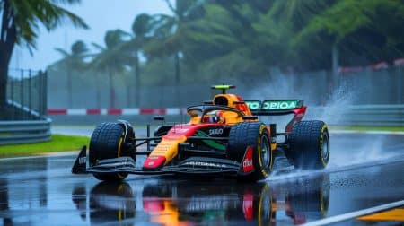 Illustration of Formula 1 cars racing under challenging weather conditions at the Sao Paulo Grand Prix.